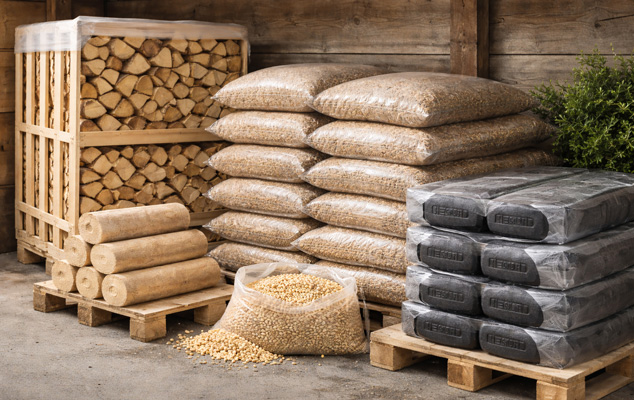 Ofen mit Feuer neben Brennholz und einem Sack Pellets