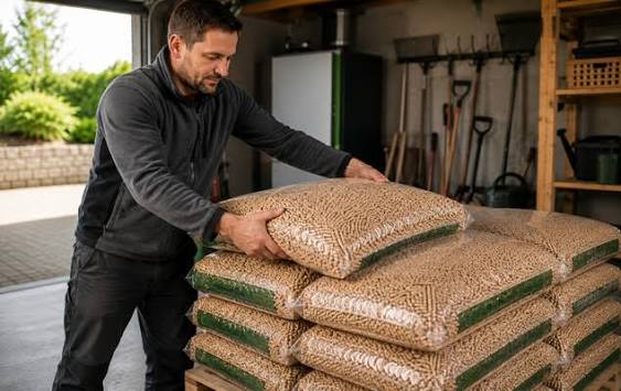 Gestapelte Säcke mit Holzpellets auf einer Palette